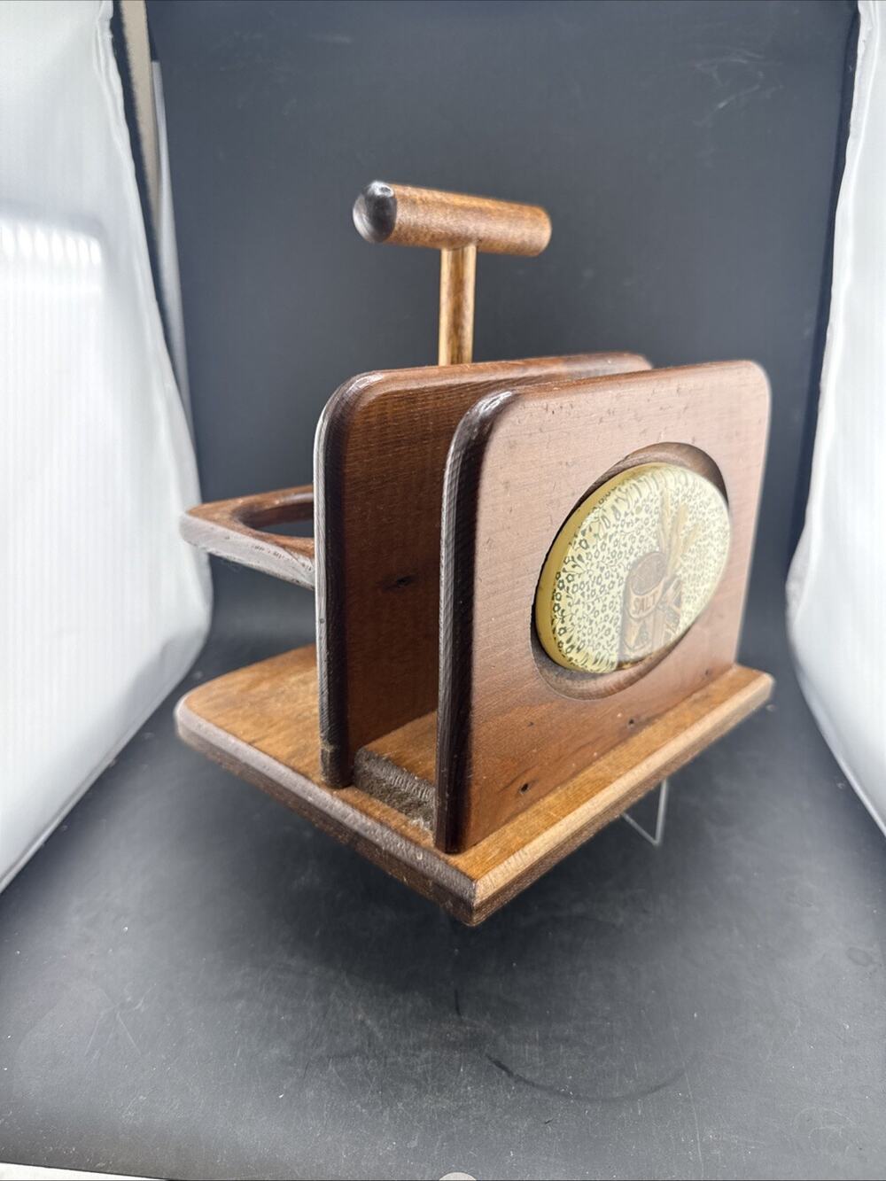 Vintage 1970s Wooden Tabletop Napkin Holder & Salt Pepper Shaker Caddy MCM